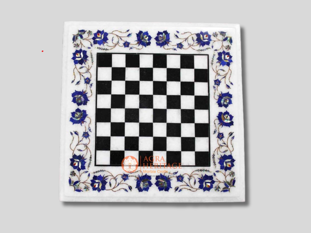 White Marble Pietradura Inlay Floral Chess Table Top